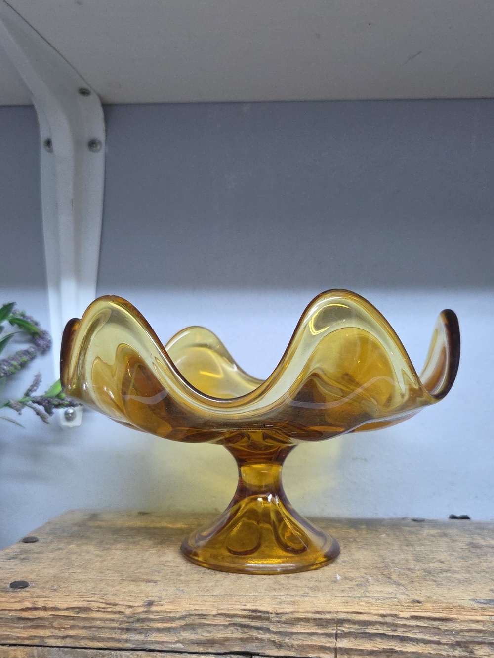 Vintage Viking Amber Epic 6 Petal Glass Pedestal Bowl - Decorative Home Art